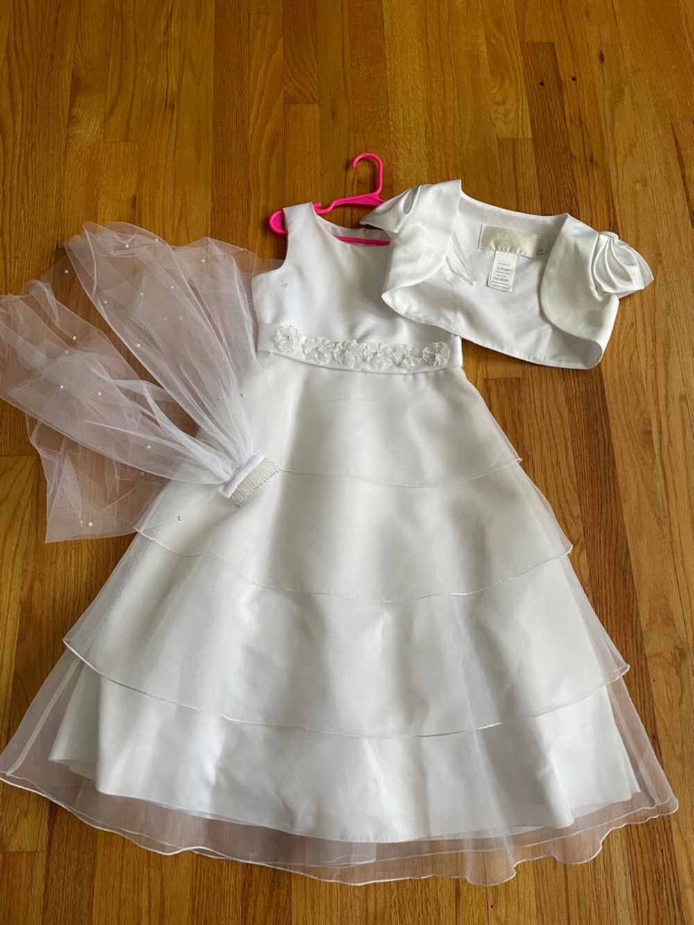 Girls White Communion/Flower Girl/Formal Dress Bundle with Shawl and Pearl Veil